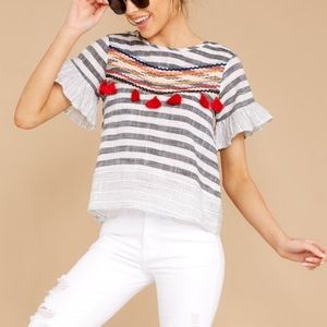 NWT-Stripe boho stitch ruffle sleeve top